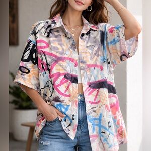 Women’s Abstract Graffiti Print Button-Up Top – Artsy Statement Shirt